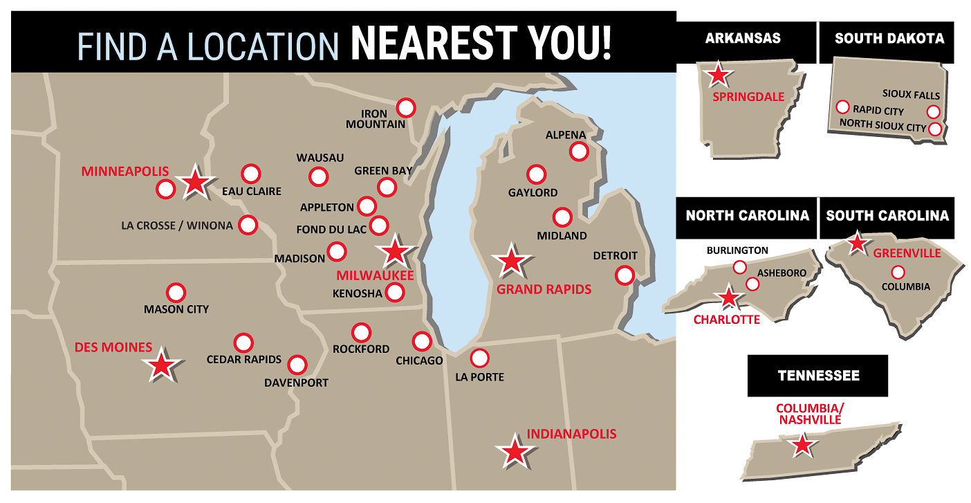 Map of locations including: Wisconsin, Minnesota, Iowa, Indiana, Michigan, Arkansas, South Dakota, North Carolina, South Carolina, and Tennessee