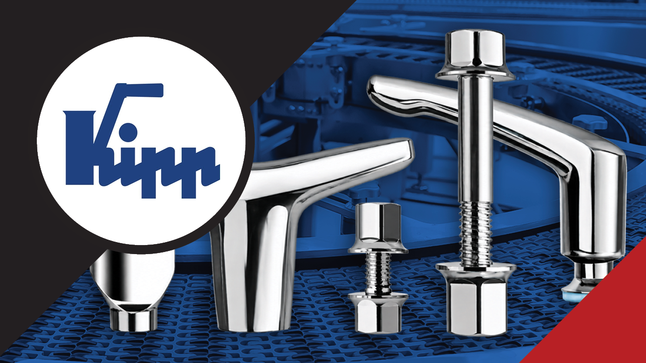 KIPP stainless steel hygienic components including handles, knobs, levers, and machine hardware
