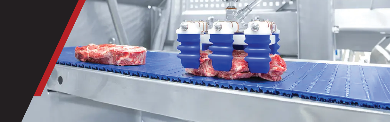 Soft vacuum gripper handling products in a manufacturing application